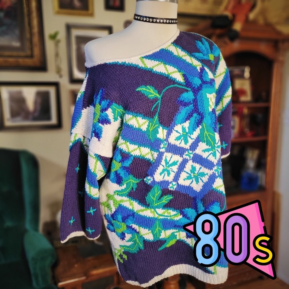 Jennifer Reed Hand-Knit Sweater Vintage 80s Blue Floral Pullover Grannycore